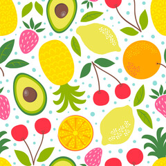 Fototapeta na wymiar Seamless pattern with strawberries, cherries, lemons, oranges, avocado and pineapple. Vector fruity background.