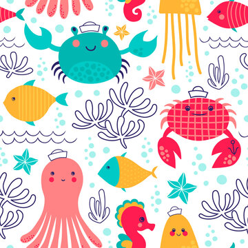 Seamless vector pattern with cute sea animals. Childish background with crabs, fishes, octopus, sea stars, seahorses and jellyfish.