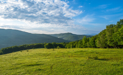 Fototapeta premium A green meadow with trees and mountains in the fog and a bright sky that plays purple and blue blooms at the beginning of the sunrise.