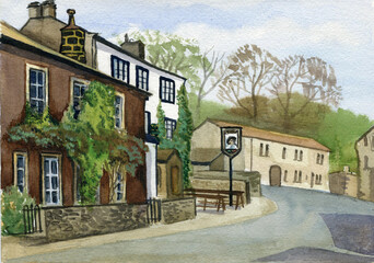 Yorkshire old village houses, England. Watercolor hand drawn landscape. Touristic view for cards, booklets or other design.