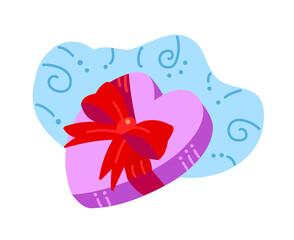Gift box with red ribbon. Heart box. A gift for a loved one. Vector flat illustration.
