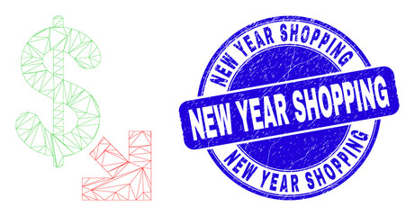 Obraz premium Web carcass export dollar pictogram and New Year Shopping seal. Blue vector round distress seal with New Year Shopping phrase.