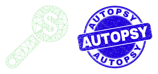 Web carcass financial audit pictogram and Autopsy seal stamp. Blue vector round distress seal stamp with Autopsy message. Abstract frame mesh polygonal model created from financial audit pictogram.