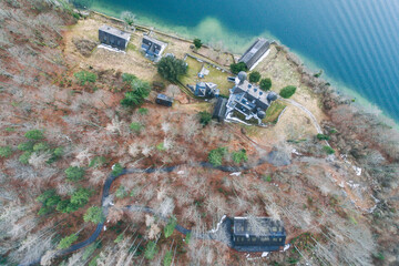 Aerial drone photo of Obertraun Lake Hallstatt in Salzkammergut, Austria in Winter