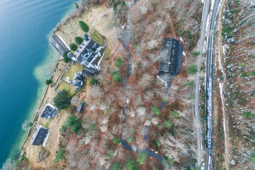 Aerial drone photo of Obertraun Lake Hallstatt in Salzkammergut, Austria in Winter