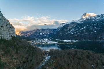 Aerial drone photo of Obertraun Lake Hallstatt in Salzkammergut, Austria in Winter