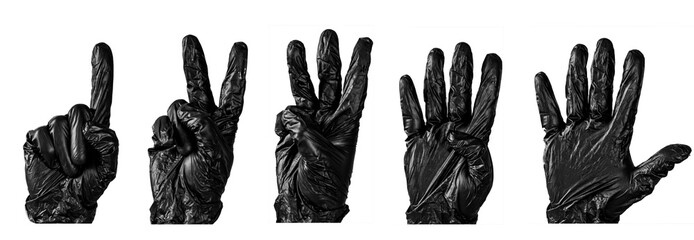 several images of a man's hand in a black medical glove show the numbers one, two, three, four,...