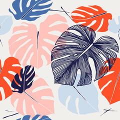 Seamless floral pattern from Tropical Monstera deliciosa plant. Tropical leaves in bright colors. Hand drawn pattern. Line art. Vector illustration