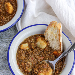 Lentil soup with vegetables and potatoes. Typical Spanish lentil soup. 