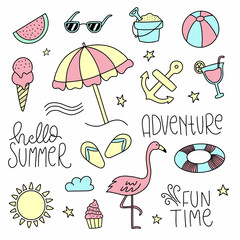 Set of Hand drawn Summer doodles. Hand sketched summer icons illustrations. Vector illustration.