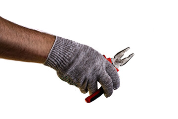 Obraz premium worker's hand with pliers on a white background