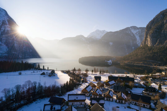 Aerial drone photo of Obertraun Lake Hallstatt in Salzkammergut, Austria in Winter