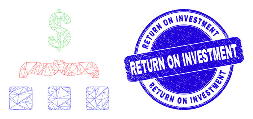Obraz premium Web carcass dollar aggregation pictogram and Return on Investment stamp. Blue vector rounded textured seal stamp with Return on Investment phrase.