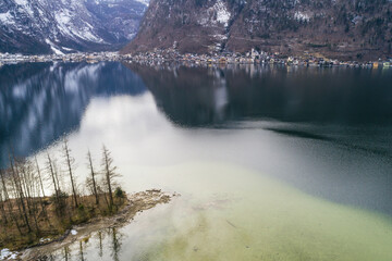 Aerial drone photo of Obertraun Lake Hallstatt in Salzkammergut, Austria in Winter