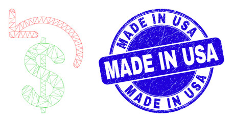Web carcass dollar refund icon and Made in USA stamp. Blue vector round distress seal stamp with Made in USA message. Abstract carcass mesh polygonal model created from dollar refund icon.