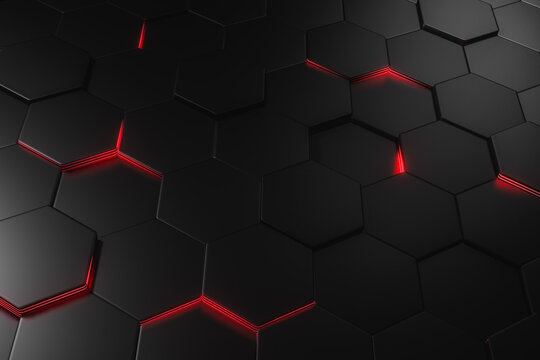 Abstract 3D background of black metal hexagons with red lights, rendered digital illustration, futuristic concept
