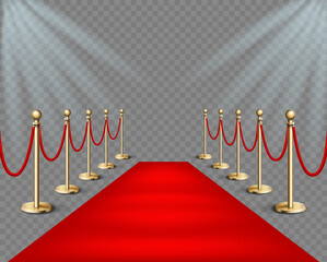 Vector illustration Red event carpet and golden barriers with lights projectors. Realistic illustration in transparent background. Red carpet event design element