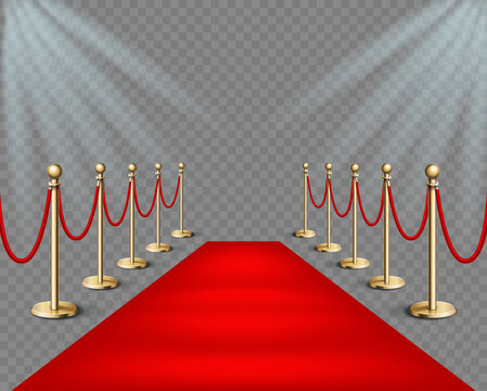 Vector illustration Red event carpet and golden barriers with lights  projectors. Realistic illustration in transparent background. Red carpet  event design element Stock Vector | Adobe Stock