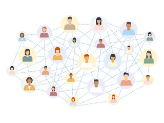 Social network scheme connecting multicultural people. Abstract social network world connect people icons relationship vector illustration isolated on white. - obrazy, fototapety, plakaty