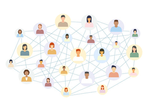 Social network scheme connecting multicultural people. Abstract social network world connect people icons relationship vector illustration isolated on white.