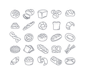 Large set of 25 black and white bread icons showing assorted loaves, rolls, buns, cakes, pretzels, bagels and pastries in vector line drawings