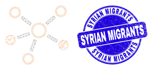 Web mesh relations pictogram and Syrian Migrants seal. Blue vector rounded distress seal stamp with Syrian Migrants message. Abstract carcass mesh polygonal model created from relations pictogram.