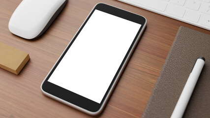 Copyspace of blank screen mockup mobile phone on wooden working table