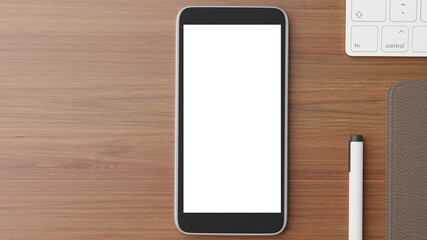 Copyspace of blank screen mockup mobile phone on wooden working table