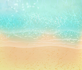 Summer sea beach top view with waves and  foam. Sandy ocean shore. Vector  illustration of coast with yellow sand,turquoise water and tropical seaside.Concept of  exotic vacation.
