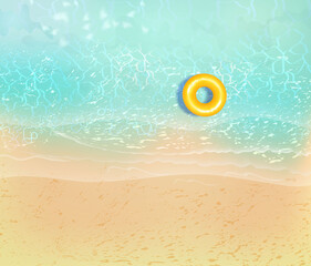 Summer sea beach top view with waves and  foam. Sandy ocean shore. Vector  illustration of coast with yellow sand,turquoise water and tropical seaside.Concept of  exotic vacation.
