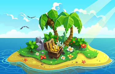 treasure Island with palms and flowers. Vector tropical plants.
