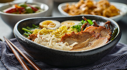 japanese tonkotsu ramen bowl on dinner table at restaurant