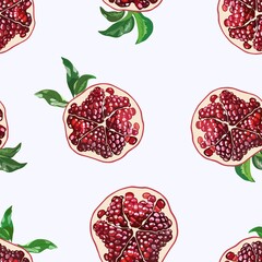 Seamless pattern with the image of halves of pomegranate. Vector illustration