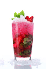 Fresh strawberry lemonade with mint and ice. lemonade or cocktail isolated on white background
