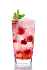 Fresh raspberry lemonade with mint and ice. raspberry and grape lemonade or cocktail isolated on white background