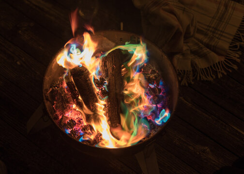 Burning colorful fire in a fire pit