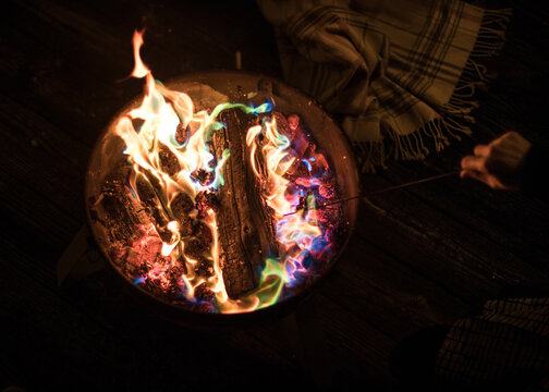Colorful fire in a fire pit 