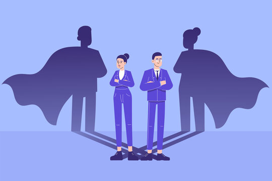Businessman hero concept. Young business people standing confidently with superhero shadow. Leadership super hero in business. Success and Ambition. Achievement and Motivation. Vector illustration