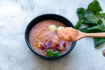 Melon soup with iberian ham. Melon gazpacho.