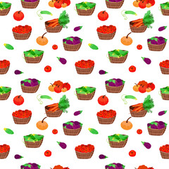 Pattern with baskets of vegetables. Seamless with farmer local products. Backgrounds with aubergine, carrots. Set with pumpkin, cucumbers, tomatoes for banner or textile.