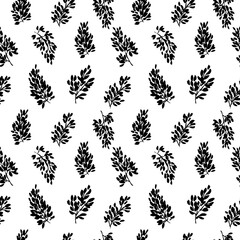 Fototapeta premium Seamless vector pattern with branches. Black paint branches with small leaves. Brush strokes decorative pattern.