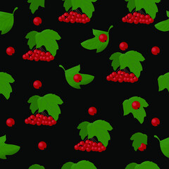 Pattern of viburnum berries with green leaves on a black background.