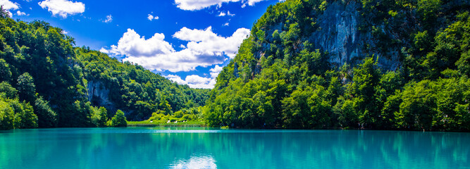 It's Blue river and green nature, landscape. Plitvice Lakes National Park, the oldest national park in Southeast Europe and the largest national park in Croatia.