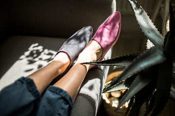 women's shoes on legs, fashionable style, beige color, mirror, blog  trends, at home or indoors,...