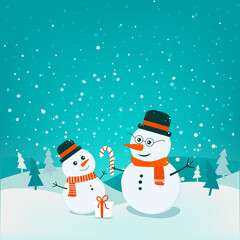 Flat bright vector banner illustration, cartoon big and small snowman, trees, flakes, snow in circle. Snowman family. Christmas and New Year card.