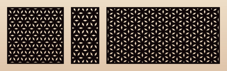 Laser cut pattern set. Vector template with abstract geometric texture in oriental style, floral grid ornament. Decorative stencil panel for laser cutting of wood, metal. Aspect ratio 1:1, 1:2, 2:1