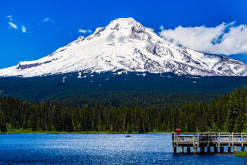 Snowy Mount Hood southern slope view from Trillium Lake, Government Camp, Mt Hood National Forest, Oregon.