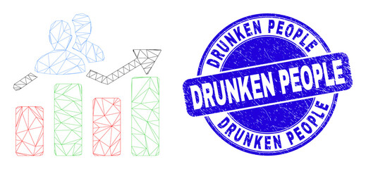 Web mesh visitors bar chart icon and Drunken People seal. Blue vector rounded scratched seal stamp with Drunken People caption.