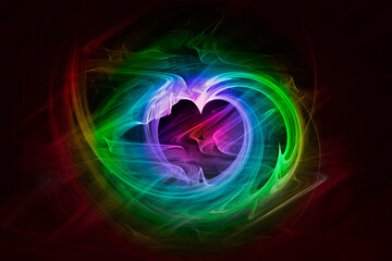 Abstract neon fractal pattern in the shape of a heart on a dark background and is suitable for use in projects of imagination, creativity and design. Great for cell phone wall paper