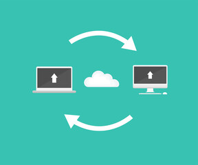 Cloud technology, laptop and computer, vector. Graphic of data exchange with arrows